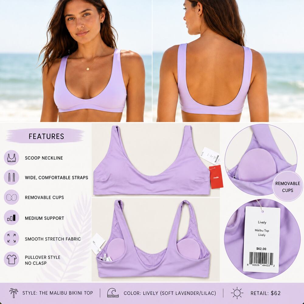 Andie The Malibu Bikini Top Lively Lavender Lilac NWT Women's XS